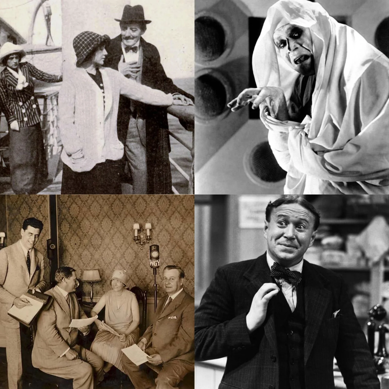 A collage of four black and white images, each representing historic film and television productions. In the upper left corner, a scene from the silent serial What Happened to Mary (1912) shows three characters aboard a ship, wearing period costumes. In the lower left corner, a photograph from The Queen’s Messenger (1928) depicts four people seated in an elegant room, gathered around a microphone at station WGY, symbolizing the early days of television broadcasting. In the upper right corner, a scene from the program The Television Ghost (1931) features a ghostly figure wrapped in a sheet, with a frightening expression. In the lower right corner, a still from Pinwright's Progress (1946) shows a man in a suit and bow tie, displaying a comical expression in a shop or office setting, representing one of the first British sitcoms.